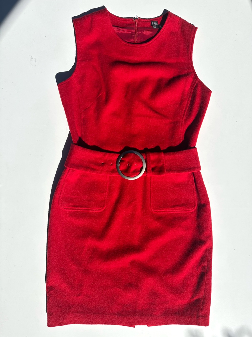 Donna Karan Fluffy Wool Red Sheath Dress, Belt, Pockets, made in Italy, 6